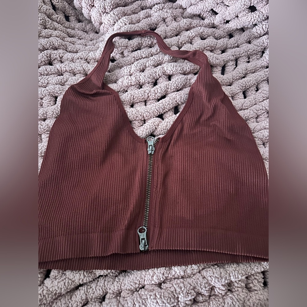 Out From Under Halter Tank Crop Zipper M/L Maroon Women Urban Outfitters
